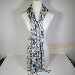 Talbots Lightweight White & Blue Scarf With Owl Print